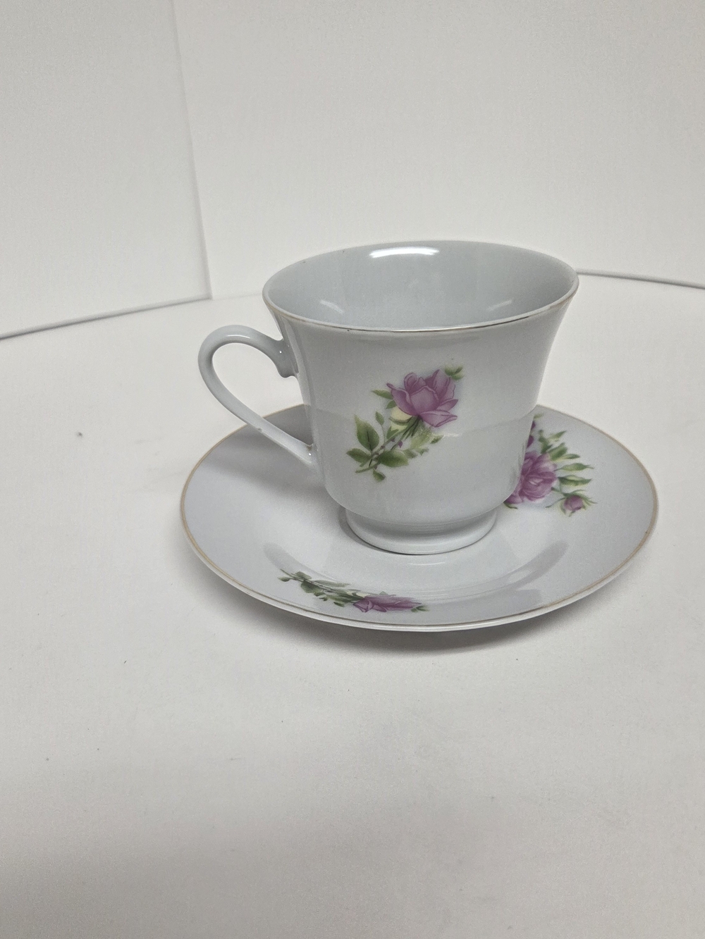 Classic White Porcelain Teacup and Saucer with Pink Rose Motif. #0219